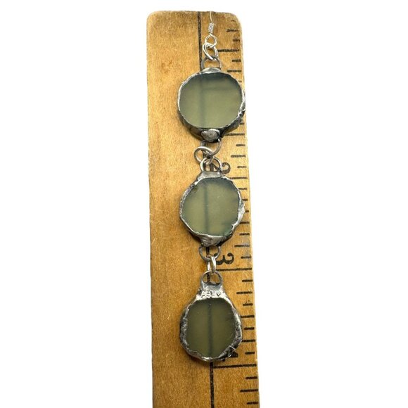 Triple Drop Sea Glass Artisan Earrings Caged in Silver- Blend Boho Metalwork - Picture 3 of 11
